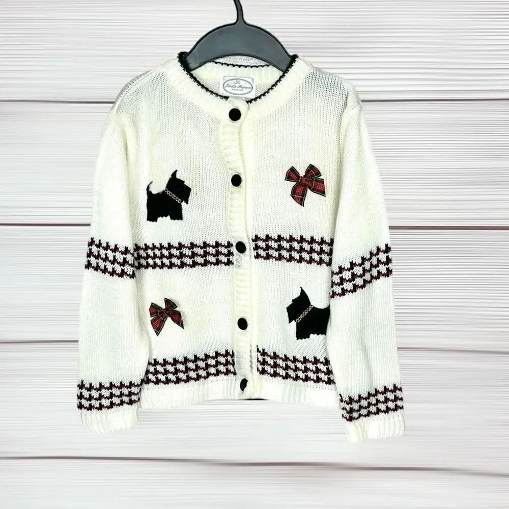 Vintage Girls Scottish Terrier Cardigan Sweater by Le Jardin Magique White sz 6